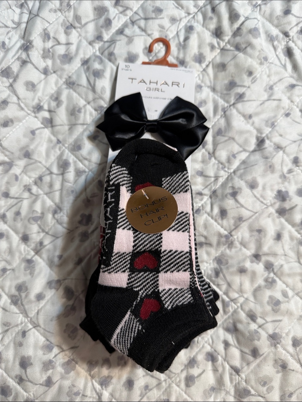 Tahari Black Plaid No-Show Socks with Pink Accents and Red Hearts